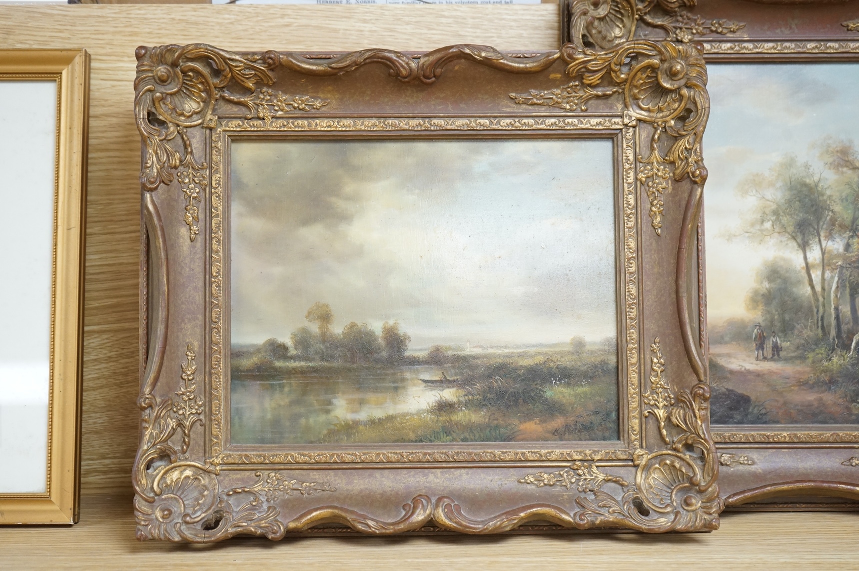 E. Adams (19th. C), Riverscape and pathway, signed, pair of oils on board, 19 x 24cm, ornate frame